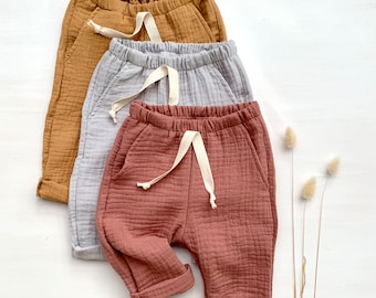 Pantaloni in mussola in vari colori, cotone, pantaloni estivi leggeri | Pantaloni estivi, pantaloni in mussola per bambini, bambine e neonati | Pantaloni estivi, pantaloni in mussola