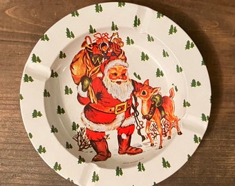 Vintage Santa and Reindeer Metal Ashtray