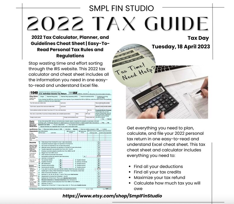 Puede incluir: Una gu&iacute;a fiscal para 2022 con una calculadora, un planificador y una hoja de trucos. La gu&iacute;a incluye instrucciones sobre c&oacute;mo presentar sus impuestos, encontrar deducciones y maximizar su reembolso de impuestos. La gu&iacute;a est&aacute; disponible en Etsy.