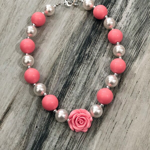 Coral Pink and Pearl Rose Children's Bubblegum Necklace