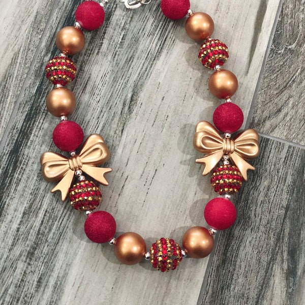 Red and Gold Bow Children's Bubblegum Necklace