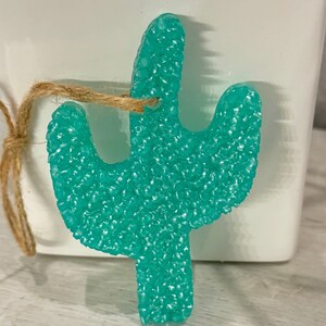May include: A turquoise blue cactus-shaped car air freshener with a string attached to hang it.