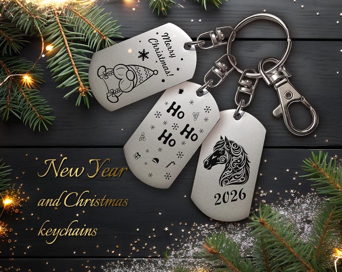 New Year and Christmas Engraved Keychain: Personalized Photo or Text, Memorial Gift