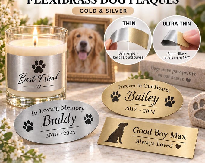 Custom Engraved Dog Memorial Plaque, Personalized Gold or Silver Name Plate, Pet Loss Sympathy Gift, Adhesive or Screw Mount