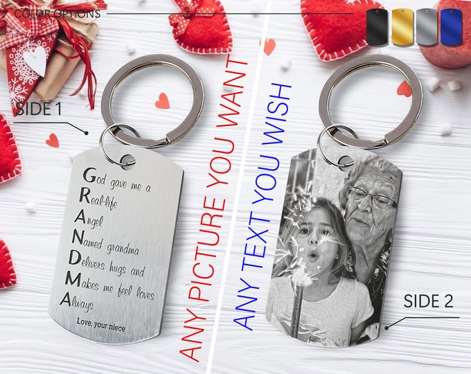 Personalized Photo Keychain for Grandma: Engraved Stainless Steel Memorial Gift