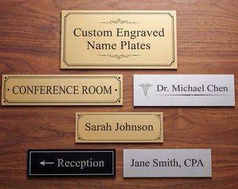 Custom Engraved Plastic Name Plate, Personalized 2-Layer Plaque, Gold Silver Black Sign, Adhesive or Screw Mount, Multiple Sizes