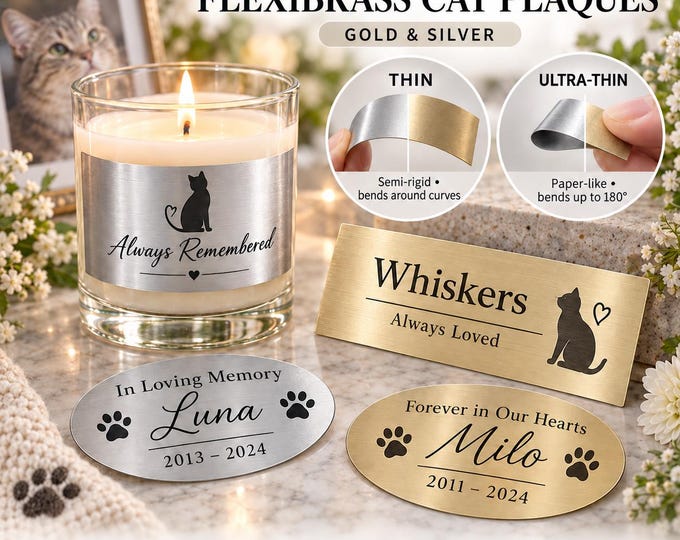 Custom Engraved Cat Memorial Plaque, Personalized Gold or Silver Name Plate, Pet Loss Sympathy Gift, Adhesive or Screw Mount