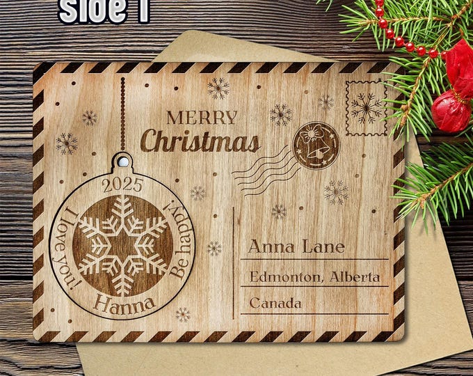 Merry Christmas Wood Personalized Engraved Cards. Handmade Custom Xmas Cards.