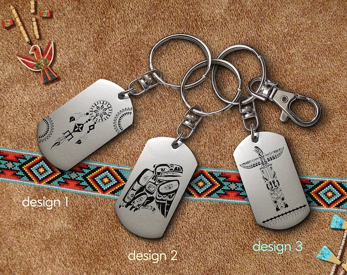 Engraved Stainless Steel Keychain: Canadian Aboriginal Design