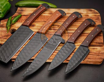 Hand Forged Damascus Chef Set, 5pcs Kitchen Knives, Chef Knife, Personalized CHRISTMAS Gift for him Best THANKSGIVING Gifts/Anniversary gift