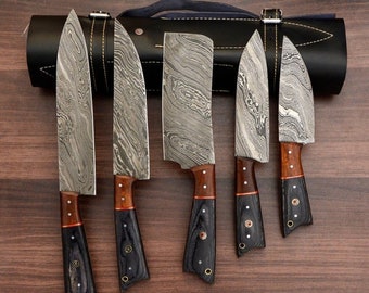 Damascus steel kitchen chef knives set of 5pcs, Handmade chef's knife set, Damascus kitchen knife with leather sheath, Best Fathers day gift