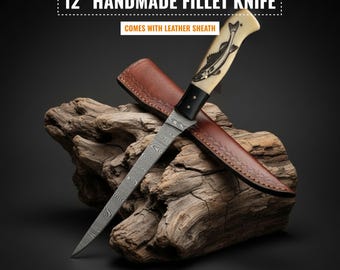Personalized Handmade Damascus Fillet Knife – 12” Custom Engraved Fishing Knife, Gift for Him, Christmas & Winter Gifts for Fisherman, Men