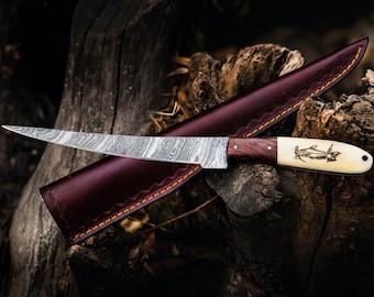 Handmade Damascus Fillet Knife – Custom Engraved 13” Fishing Knife, Gift for Him, Personalized Gift for Fishermen, Christmas & New Year