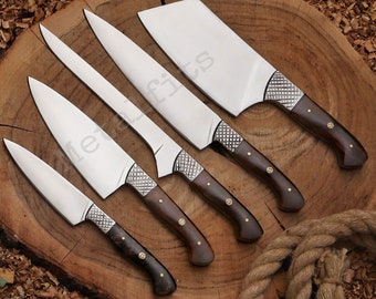 hand forged carbon steel high polish chef set of 5pcs, DAMASCUS steel kitchen knives, Japanese chef knife set, PERSONALIZED Gift for mother