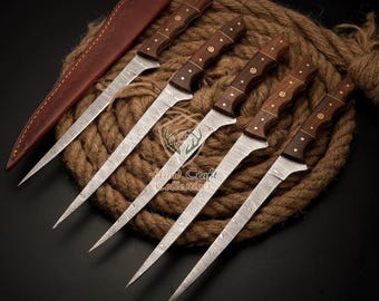 5 Pc Handmade Damascus Steel Fillet Knife – 13” Custom Engraved Fishing Knife set, Personalized Gift for Fishermen, Dad, Son, Husband