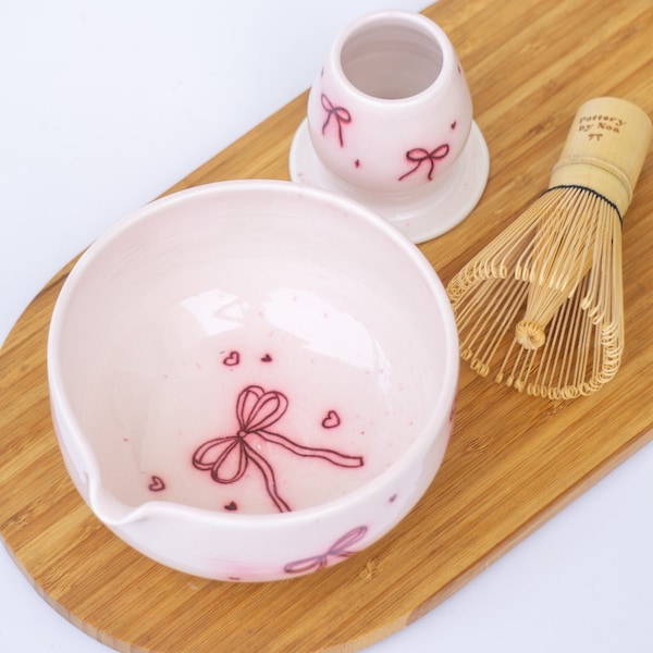 Handmade Ceramic Bows Matcha set Chawan | Pink Matcha Bowl with Bows Decor | Matcha Lover | Matcha Set Gift | Coquette Gift