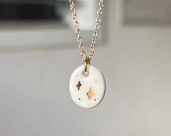 Handmade Porcelain Gold Stars Necklace | Ceramic Stars Pendant | Porcelain Delicate Necklace | Clay Pendent