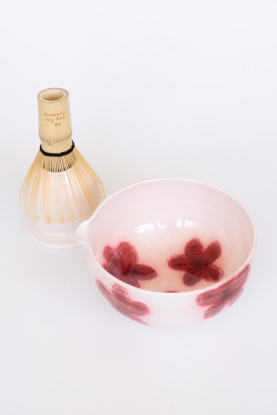 手作り陶器の花柄抹茶セット茶碗 | 花の絵が描かれた抹茶碗 | 抹茶好き