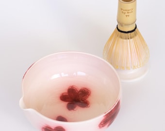 手作り陶器の花のピンクの抹茶セット茶碗 | 桜の抹茶碗 | 抹茶好き