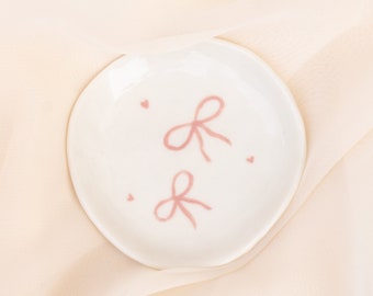 Handmade Ceramic Bows Ring Dish | Pink Porcelain Trinket Dish with Bows Decor | Bows Lover | Gift Idea | Coquette Gift | Engagement Gift