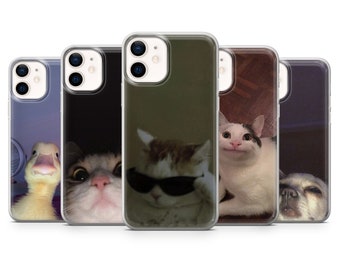 Funny Cat Phone Case Meme Cover for iPhone 15 14, 13 12 11 Pro, XR, Samsung A13, S22, S21 FE, A40, A72, A52, Pixel 6a, 7