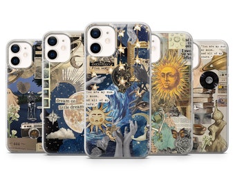 Dark Academia Phone Case Celestial Collage Cover pour iPhone 15 14, 13 12 11 Pro, XR, Samsung A13, S22, S21 FE, A40, A72, A52, Pixel 6a, 7