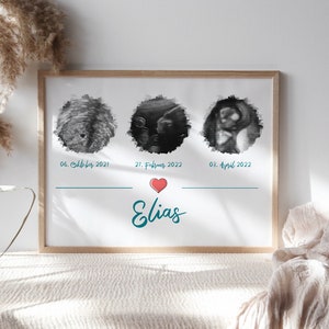 Ultraschallbild personalisiert dreifach mit Namen für Junge oder Mädchen - Geburtsposter, Schwangerschaft, Baby