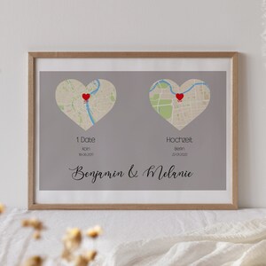 personalisiertes Karten Poster mit Herz (2 Orte) - Wo alles begann, Hochzeitsgeschenk, Hochzeitstag, Valentinstag, Jahrestag
