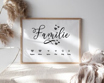 Familienbild personalisiert - Namen und Herz - bis 6 Personen - Haustiere, Hund, Katze