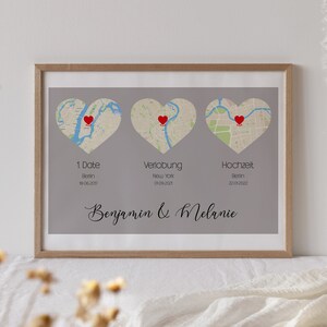 personalisiertes Karten Poster mit Herz (3 Orte) - Verliebt Verlobt Verheiratet  - Hochzeitsgeschenk, Hochzeitstag, Valentinstag, Jahrestag