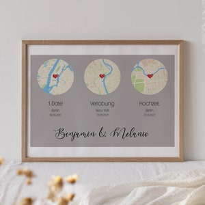 personalisiertes Karten Poster (3 Orte) - Verliebt Verlobt Verheiratet  - Hochzeitsgeschenk, Hochzeitstag, Valentinstag, Jahrestag
