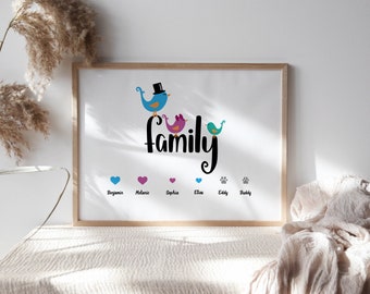 Familienbild personalisiert Vögel - Namen und Herz - bis 6 Personen - Haustiere, Hund, Katze