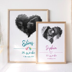 Ultraschallbild personalisiert Herz mit Namen für Junge oder Mädchen - Geburtsposter, Schwangerschaft, Baby