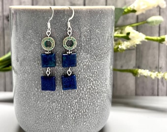 Chrysocolla Dangle Earrings, Sterling Silver Plated, Hematite Beads
