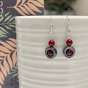 Red Quartz and Silver Hematite earrings, Red and Black Earrings, Stone Jewelry, Gemstone Sterling Silver Earrings, Natural Stone Earrings