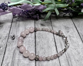 Rose Quartz Beaded Bracelet, Sterling Silver Plated Clasp