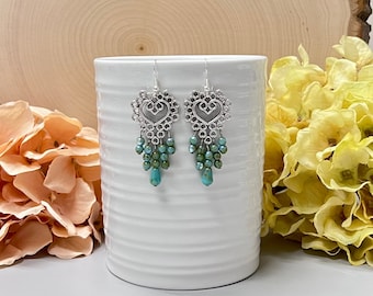 Turquoise Heart Chandelier Earrings, Picasso Czech Glass, Bohemian Dangle