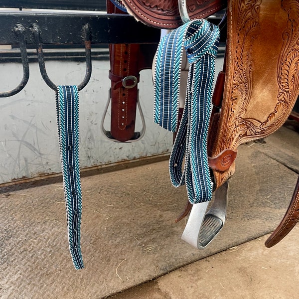 Western Latigo and Off Billet Cinch Strap Set - Navy, Turquoise, and White Striped