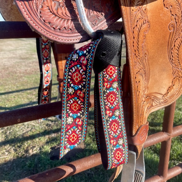 Western Latigo and Off Billet Cinch Strap Set - Black, Red, Blue and Yellow Retro Floral Design