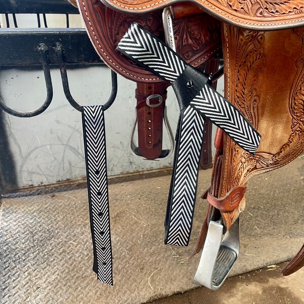 Western Latigo and Off Billet Cinch Strap Set - Black and Silver Geometric Pattern Saddle Accessories