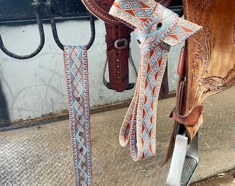 Western Latigo and Off Billet Cinch Strap Set - Brown, Tan, Turquoise Reversible