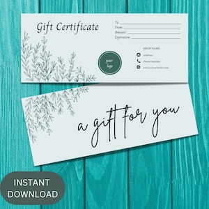 Plantilla de certificado de regalo, vale de regalo personalizado editable, para pequeños empresarios, añadir logotipo, tarjeta de regalo moderna, imprimible, vale personalizado DIY.