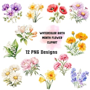 Bouquet de fleurs pour le mois de naissance PNG, bricolage fleur de naissance Png, impression de fleurs pour le mois de naissance, clipart botanique, aquarelle florale PNG, sublimation