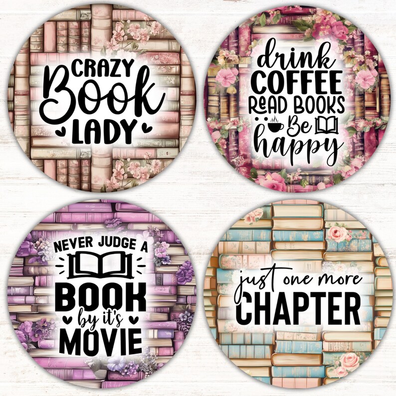 Book Lover Car Coaster PNG Bundle, Reading Round Sublimation Designs ...