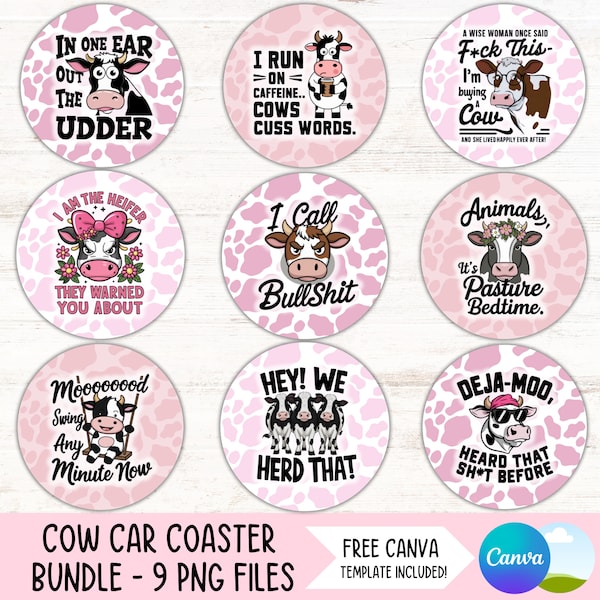 Funny Cow Car Coaster PNG Bundle, Farm Animal Round Sublimation Designs, Western Cow Print Keychain Designs (Digital Files Download)