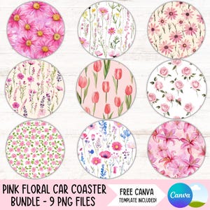 Pink Floral Pattern Car Coaster PNG Bundle, Flower Round Sublimation Designs, Spring Keychain Designs (Digital Files Download)