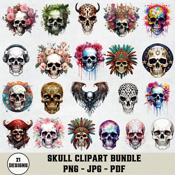 Skull Clipart Bundle Gothic Skull PNG Files Skeleton Designs Trendy Skull Tshirt Sweatshirt Sublimation Designs Instant Digital Downloads