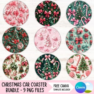 May include: Nine Christmas-themed car coasters with different designs. Each coaster features a circular pattern of pink bows, candy canes, Christmas trees, and other festive elements on a green, pink, or white background.