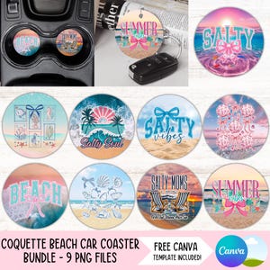 Coquette Beach PNG dessous de verre voiture porte-gobelet été Sublimation dessins océan rond porte-clés PNG voiture Air Freshie téléchargement numérique