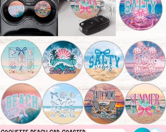 Coquette Beach PNG Car Coaster Bundle Summer Cup Holder Sublimation Designs Ocean Round Keychain PNG Car Air Freshie Digital Download